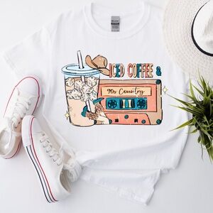 White Graphic Tee with Iced Coffee and 90s Country Design